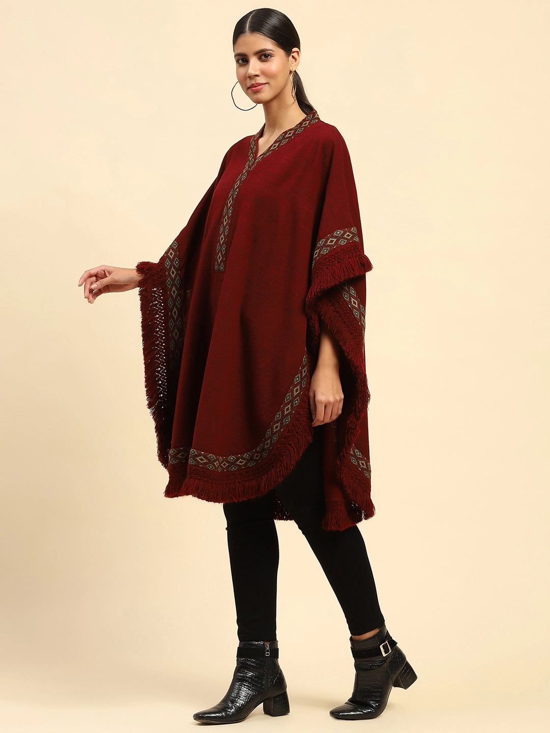 Dark Maroon Woolen Embroidered V-Neck Cape