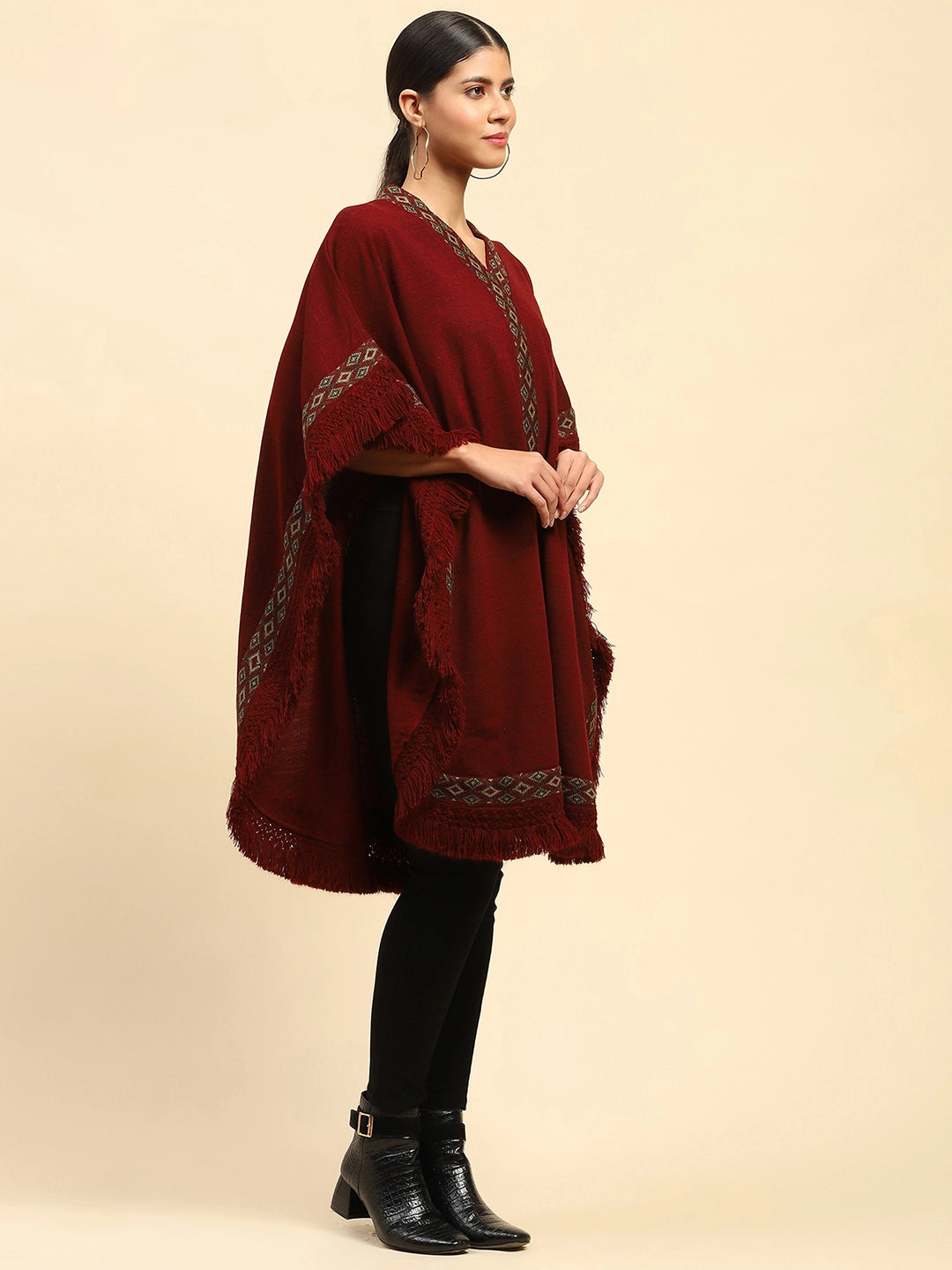 Dark Maroon Woolen Embroidered V-Neck Cape