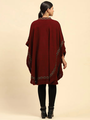 Dark Maroon Woolen Embroidered V-Neck Cape