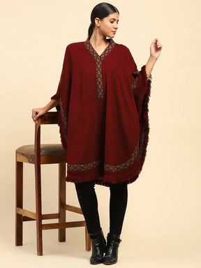 Dark Maroon Woolen Embroidered V-Neck Cape