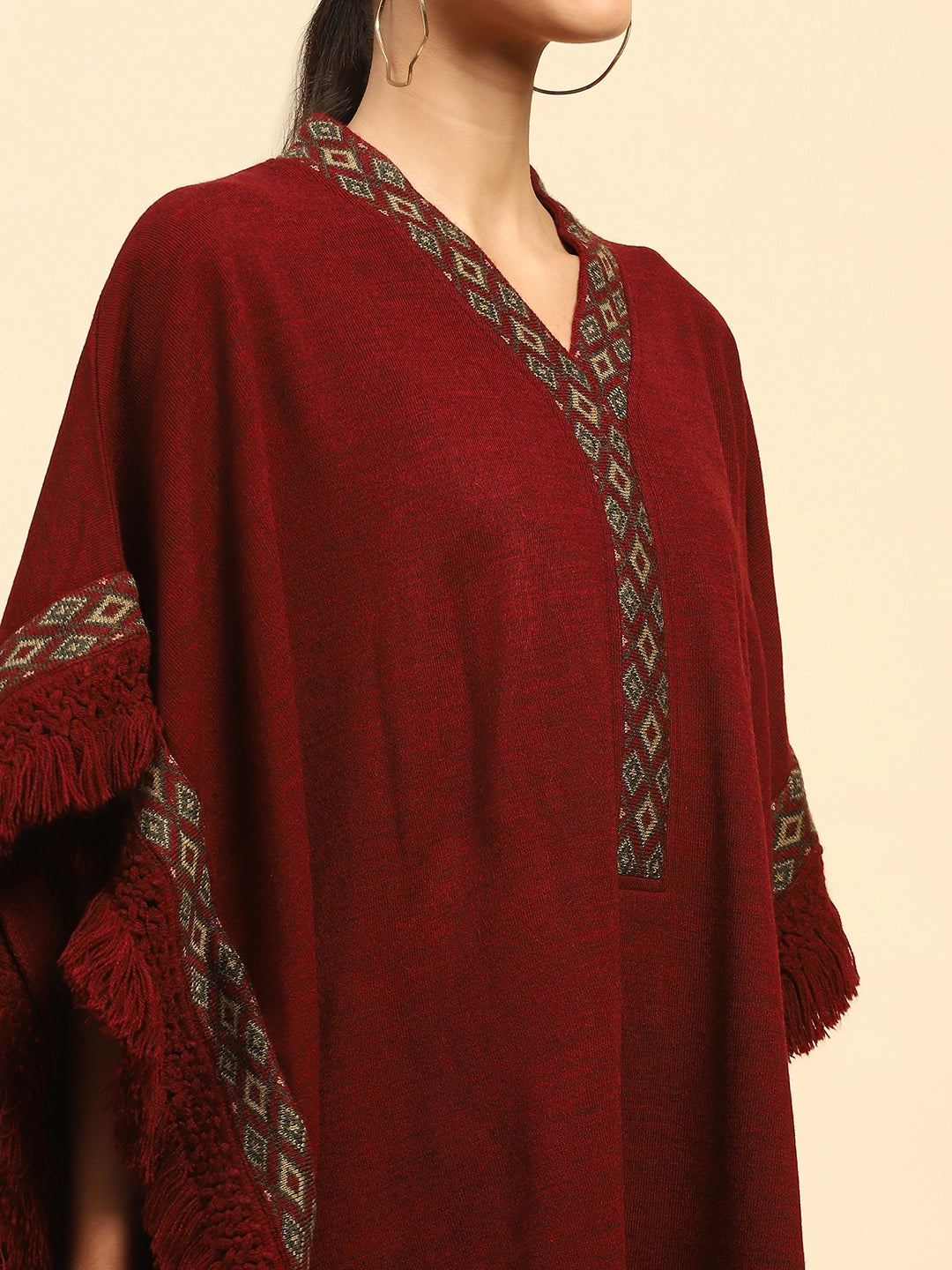 Dark Maroon Woolen Embroidered V-Neck Cape