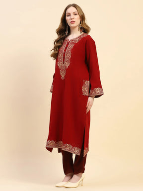 Maroon Woolen Embroidered Notch Neck Kurta