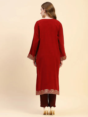 Maroon Woolen Embroidered Notch Neck Kurta