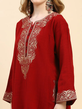 Maroon Woolen Embroidered Notch Neck Kurta