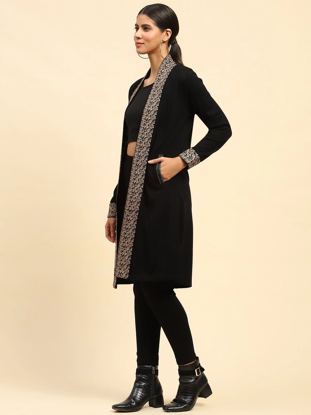 Black Woolen Thread Embroidered Front Open Ethnic Shrug