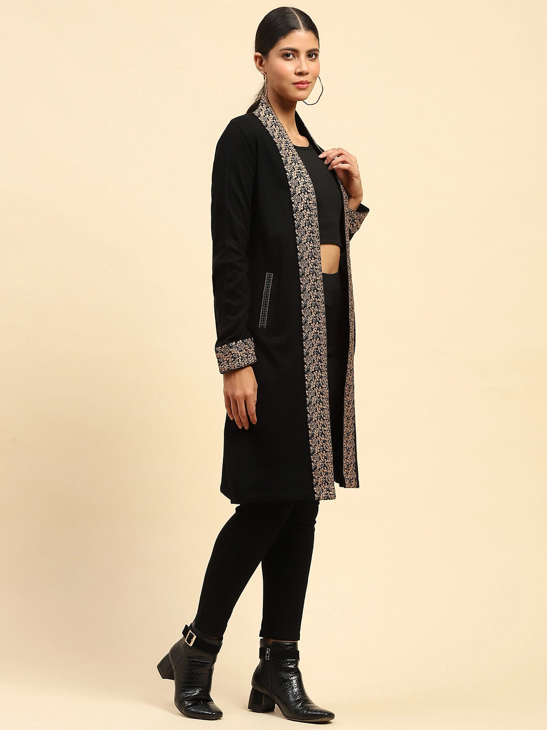 Black Woolen Thread Embroidered Front Open Ethnic Shrug