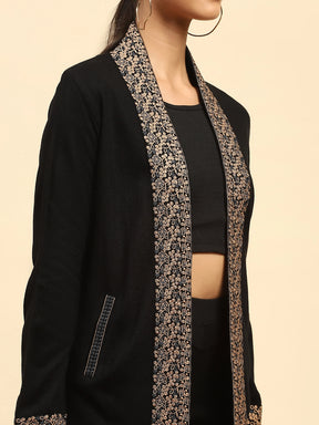 Black Woolen Thread Embroidered Front Open Ethnic Shrug