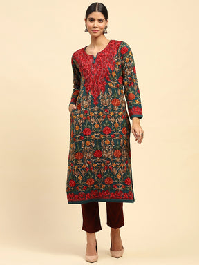 Rama Green Thread Woolen Embroidered Notch Neck Kurta