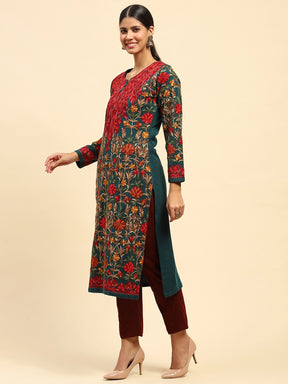 Rama Green Thread Woolen Embroidered Notch Neck Kurta