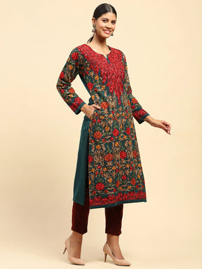 Rama Green Thread Woolen Embroidered Notch Neck Kurta