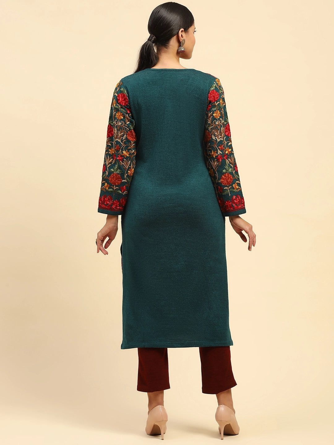 Rama Green Thread Woolen Embroidered Notch Neck Kurta