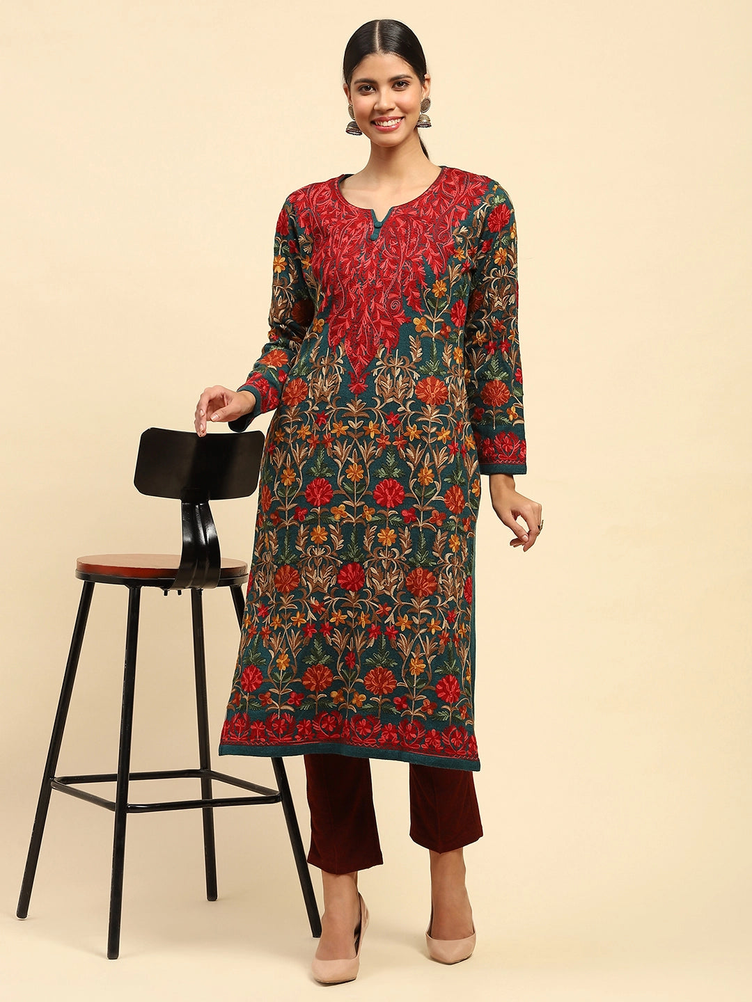 Rama Green Thread Woolen Embroidered Notch Neck Kurta