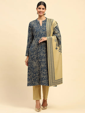 Beige and Gold Woolen Knitted Notch Neck Kurta Set