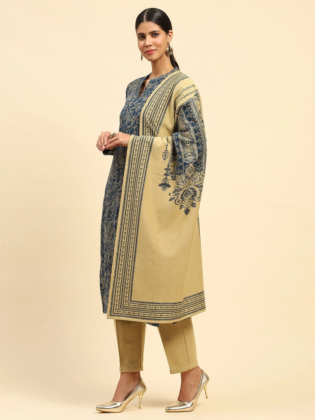 Beige and Gold Woolen Knitted Notch Neck Kurta Set