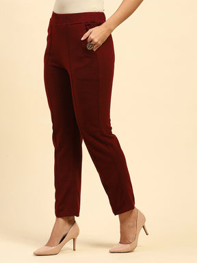 Dark Maroon Woolen Solid Pant