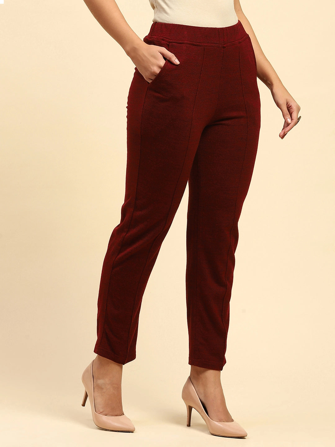 Dark Maroon Woolen Solid Pant