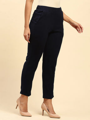 Navy Blue Woolen Solid Pant