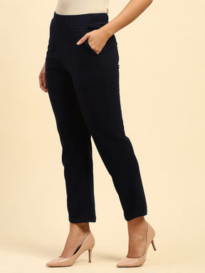 Navy Blue Woolen Solid Pant