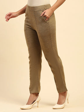 Beige Woolen Solid Pant