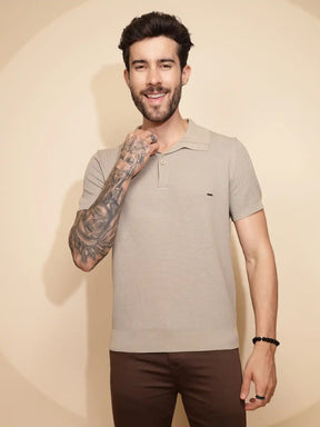 Beige Viscose Blend Regular Fit T-Shirt For Men