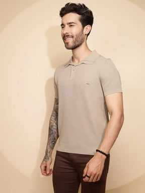 Beige Viscose Blend Regular Fit T-Shirt For Men