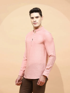 Nude Pink Polyester Blend Regular Fit Kurta For Men