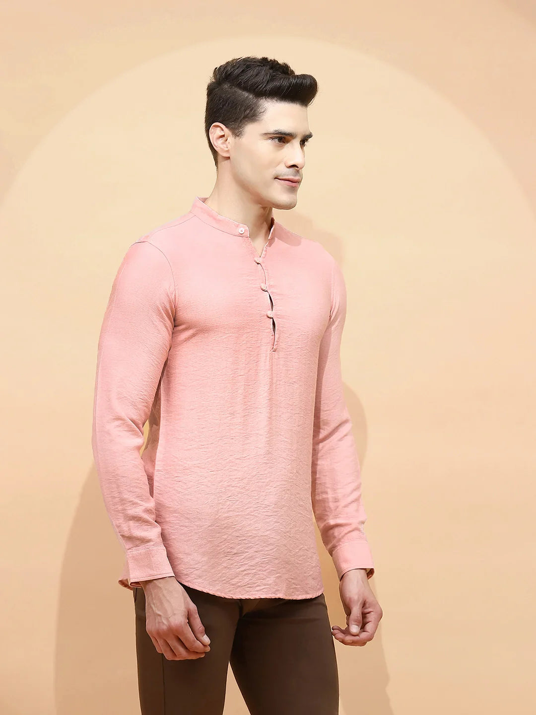 Nude Pink Polyester Blend Regular Fit Kurta For Men