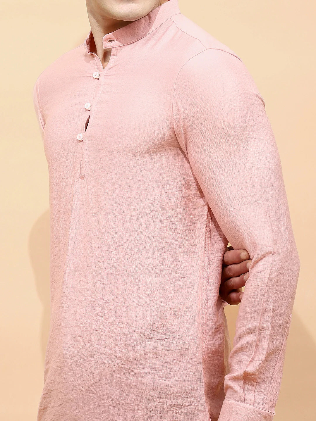 Nude Pink Polyester Blend Regular Fit Kurta For Men