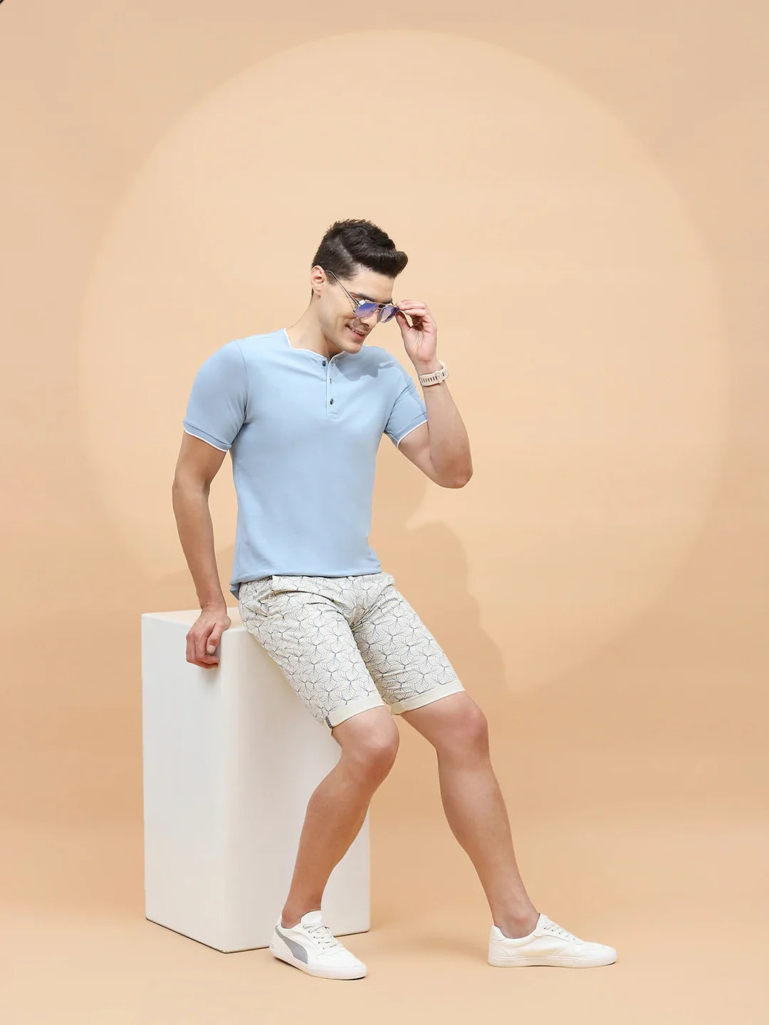 Ecru Cotton Blend Regular Fit Shorts For Men