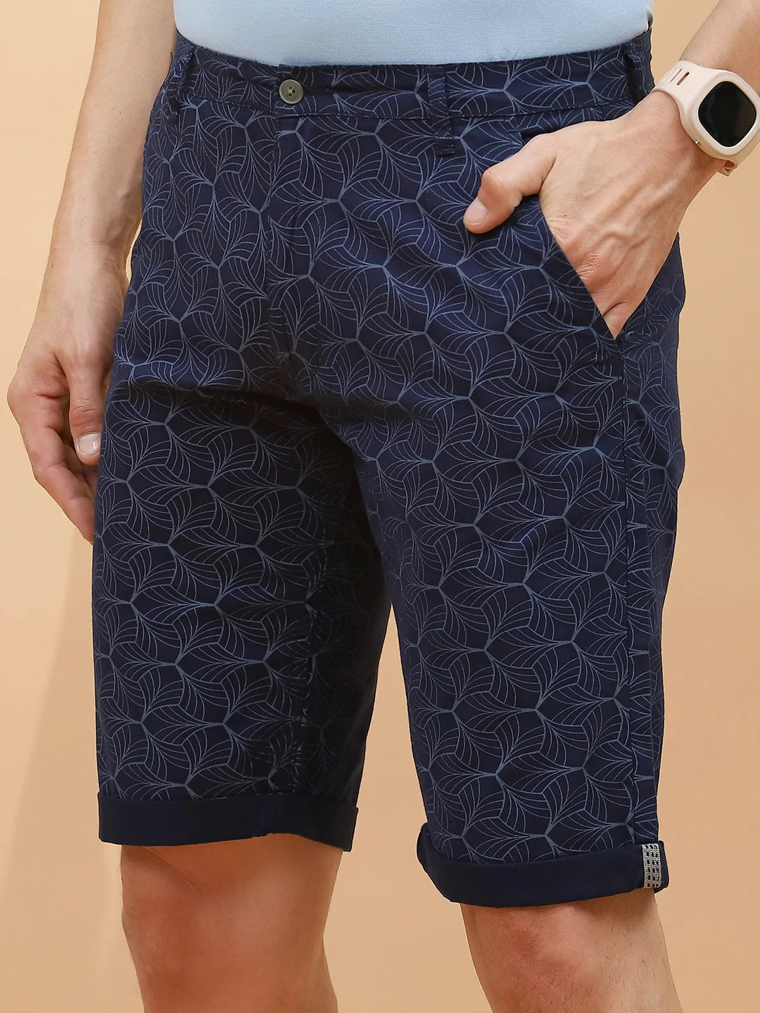 Navy Print Cotton Blend Regular Fit Shorts For Men