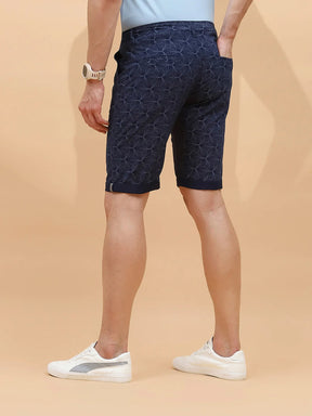 Navy Print Cotton Blend Regular Fit Shorts For Men