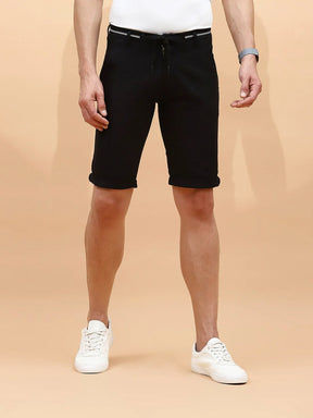 Black Cotton Blend Regular Fit Shorts For Men