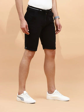 Black Cotton Blend Regular Fit Shorts For Men