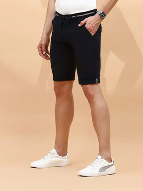 Navy Cotton Blend Regular Fit Shorts For Men