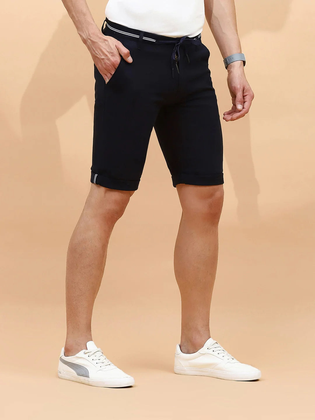 Navy Cotton Blend Regular Fit Shorts For Men