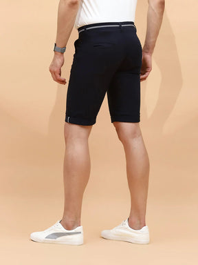 Navy Cotton Blend Regular Fit Shorts For Men