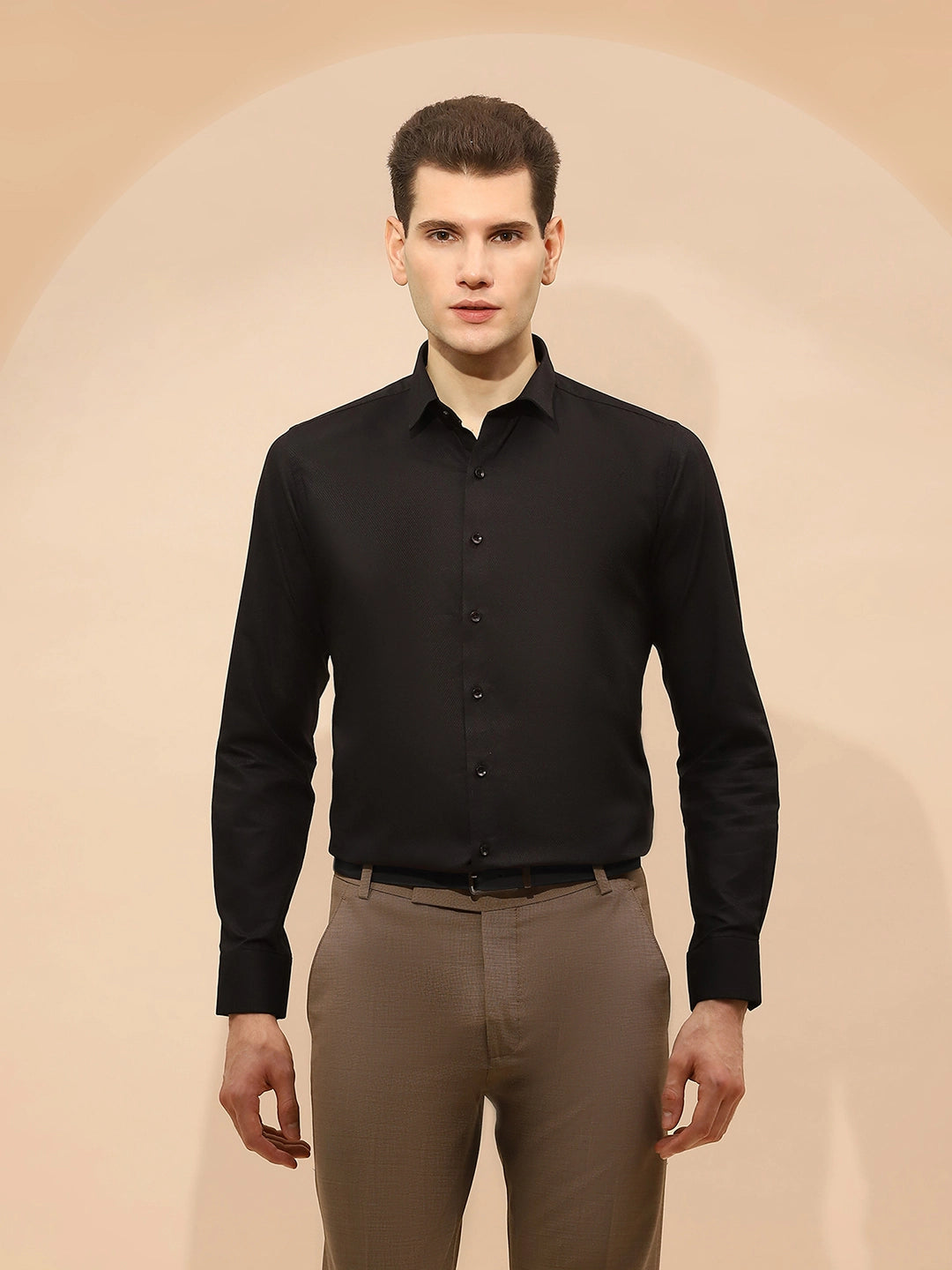 Black Cotton Blend Tailored Fit Shirt For Men