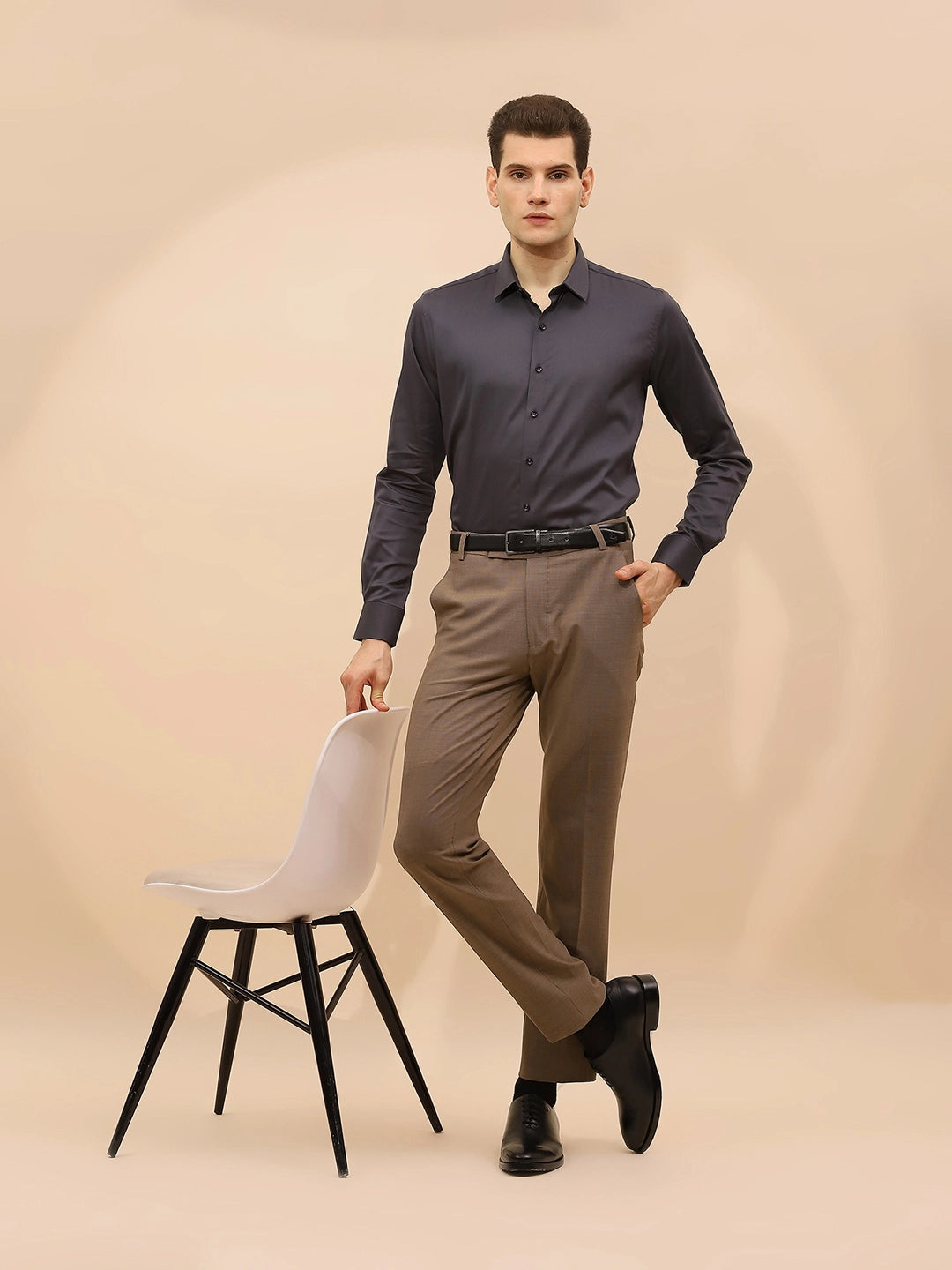 Dark Grey Cotton Blend Tailored Fit Shirt For Men