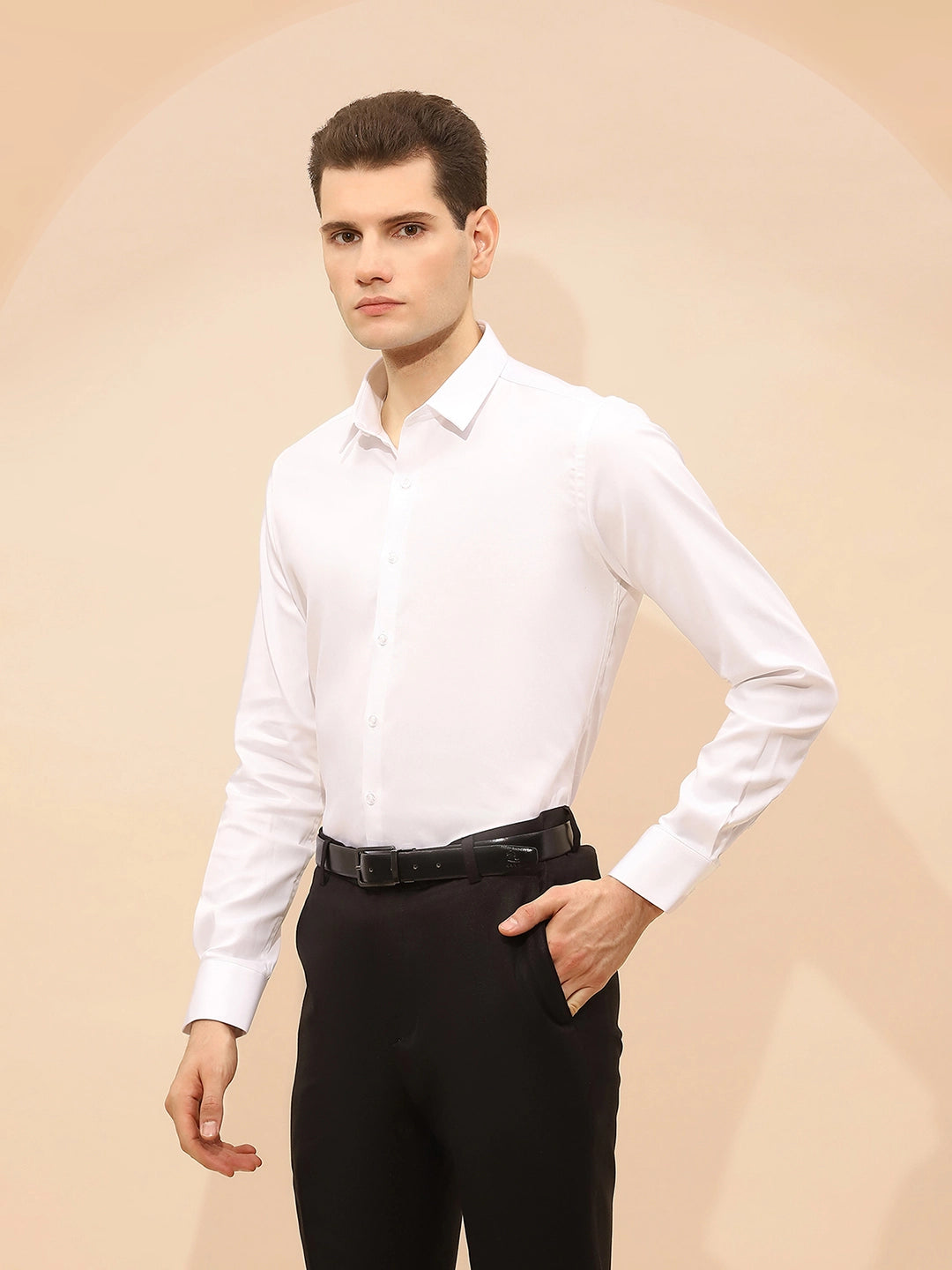White Cotton Blend Tailored Fit Shirt For Men