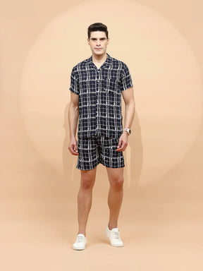 Navy Cotton Blend Regular Fit Shorts Set For Men