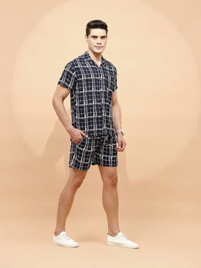 Navy Cotton Blend Regular Fit Shorts Set For Men