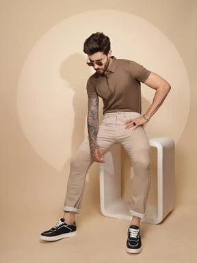 Fawn Cotton Blend Regular Fit Trouser For Men