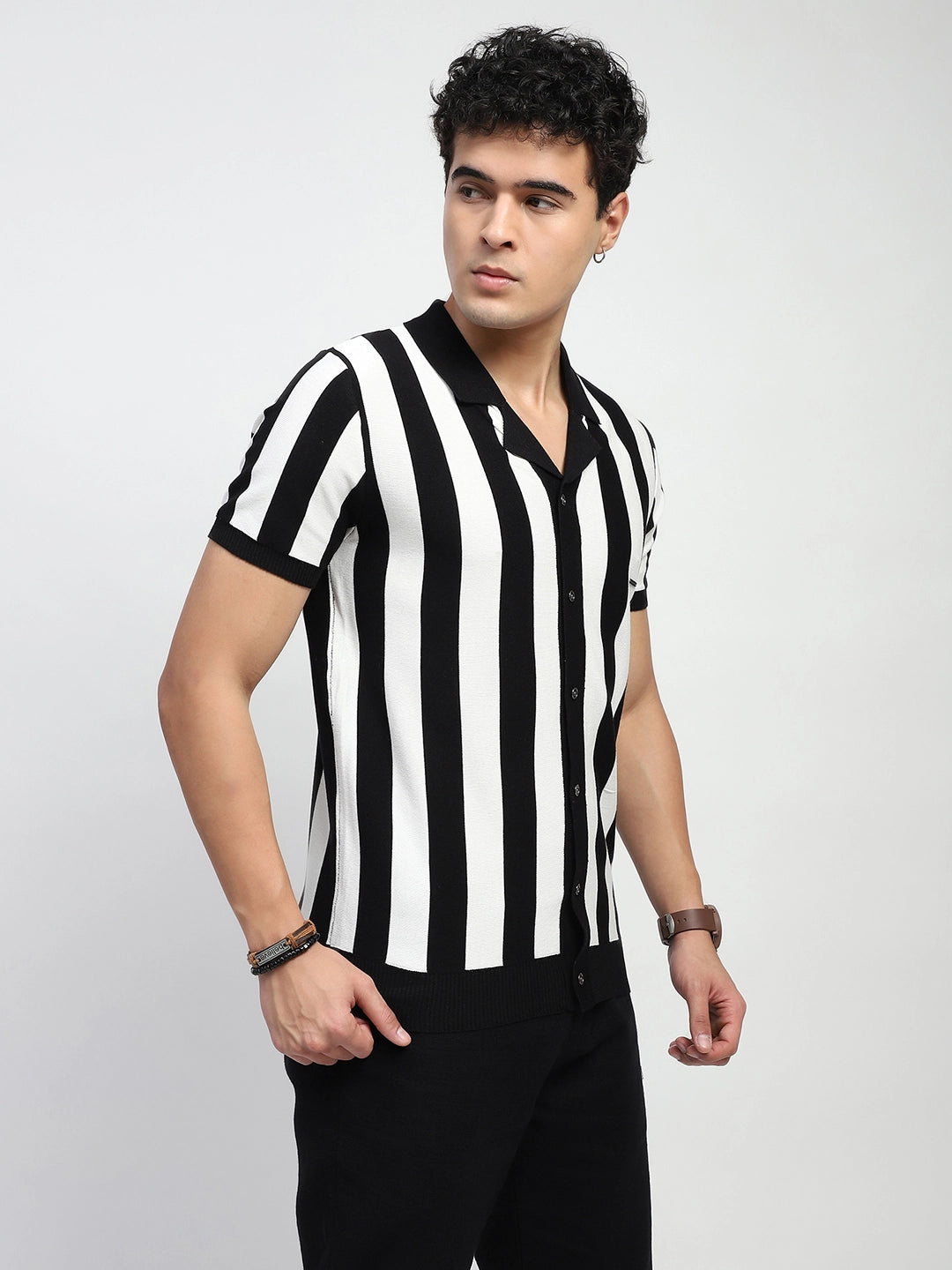 Black & Off White Stripes Viscose Blend Relaxed Fit T-Shirt