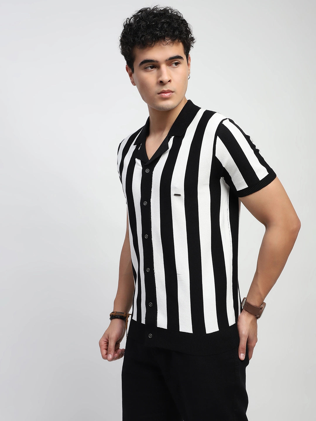 Black & Off White Stripes Viscose Blend Relaxed Fit T-Shirt