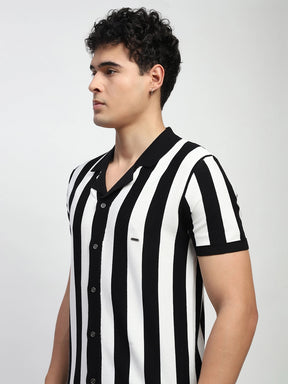 Black & Off White Stripes Viscose Blend Relaxed Fit T-Shirt