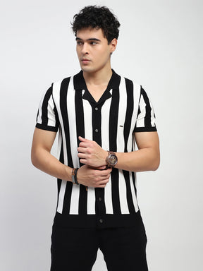 Black & Off White Stripes Viscose Blend Relaxed Fit T-Shirt