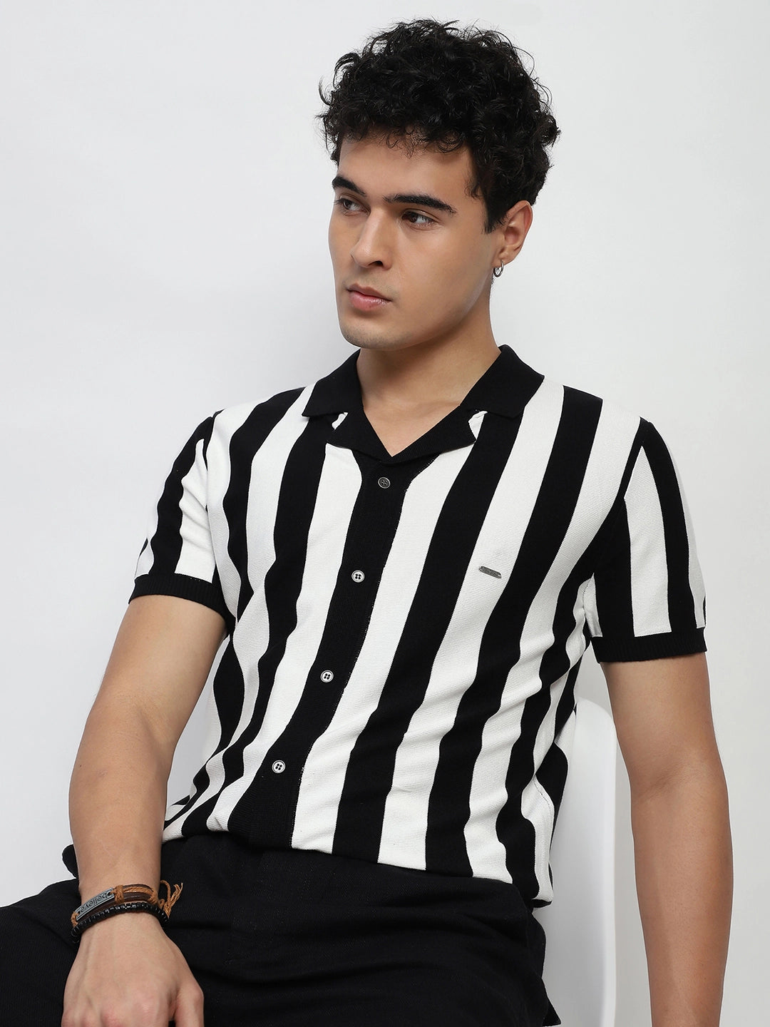 Black & Off White Stripes Viscose Blend Relaxed Fit T-Shirt