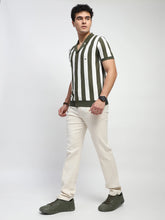 Green & Off White Stripes Viscose Blend Relaxed Fit T-Shirt