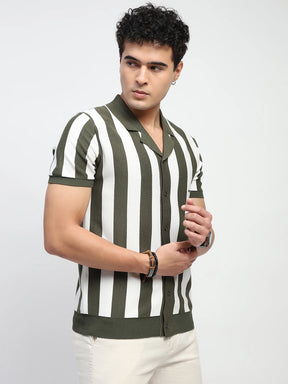 Green & Off White Stripes Viscose Blend Relaxed Fit T-Shirt