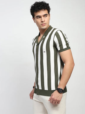 Green & Off White Stripes Viscose Blend Relaxed Fit T-Shirt